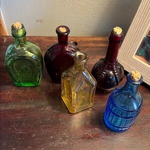 Vintage Colored Glass Bottles Set - Green, Red, Amber, Blue